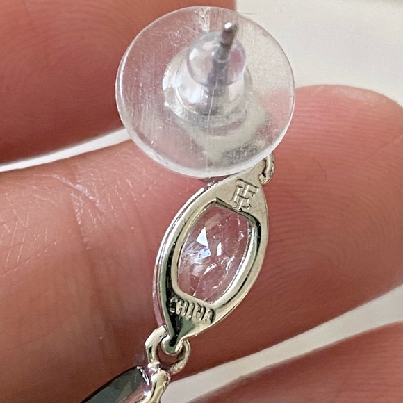 Signed Teardrop Lab Emerald Silvertone Drop Earrings - Picture 12 of 13